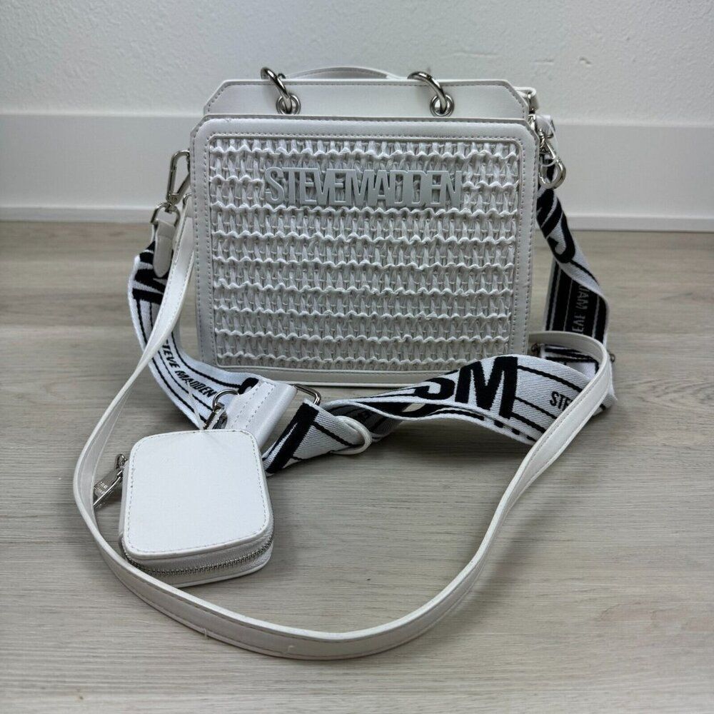 Steve Madden Bevelyn Straw Satchel Crossbody Bag White Air Pod Coin Case Tik Tok